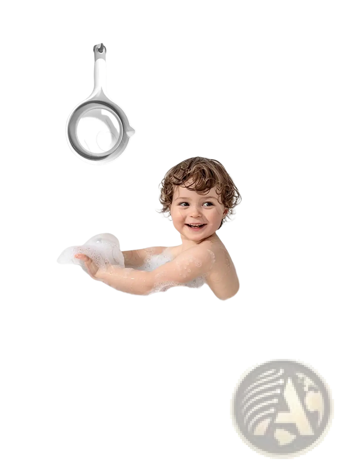 White wall-mounted strainer with circular mesh and handle designed for collapsible baby bath rinsing cup use