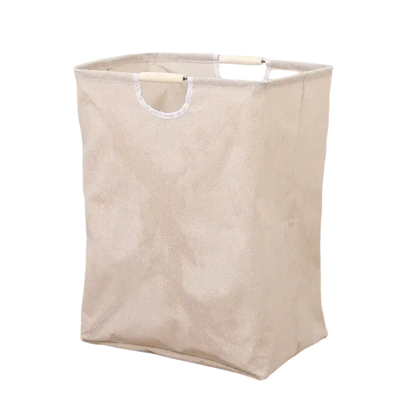 Beige canvas collapsible ropa sucia laundry basket with wooden handles and white fabric trim for easy storage