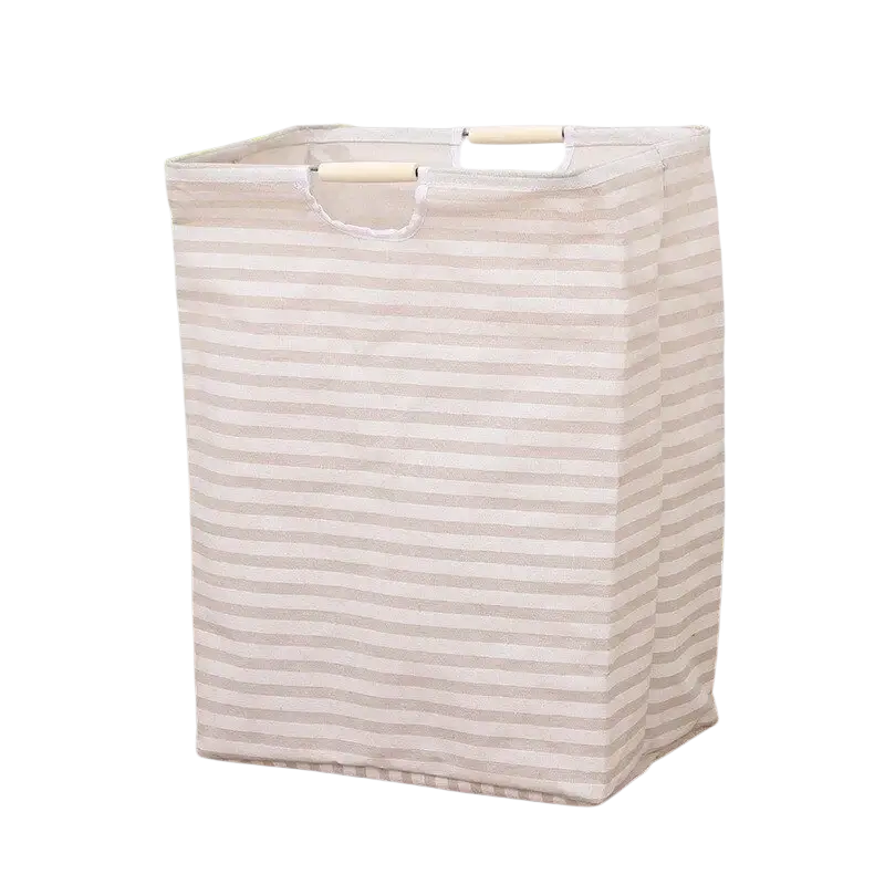 Beige and white striped collapsible canvas laundry basket with wooden handles for ropa sucia product use