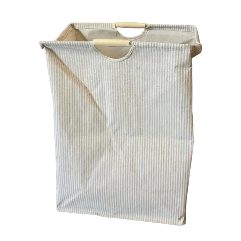 Collapsible canvas laundry basket ropa sucia product in beige and white striped fabric with light wooden handles for ropa sucia storage