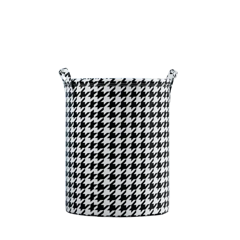 Collapsible canvas laundry basket ropa sucia made of black and white houndstooth fabric with reinforced handles for durability