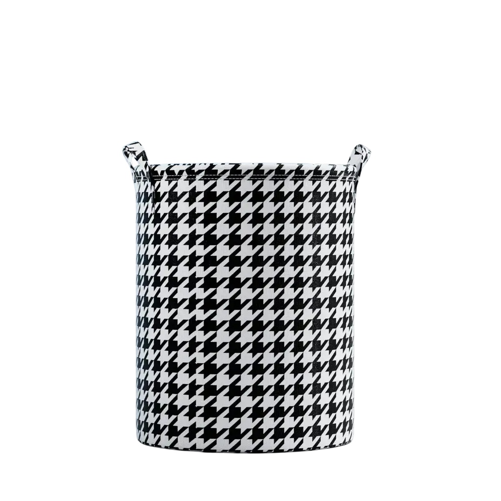 Collapsible canvas laundry basket in black and white houndstooth with reinforced handles for ropa sucia product use