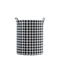 Collapsible canvas laundry basket in black and white houndstooth with reinforced handles for ropa sucia product use