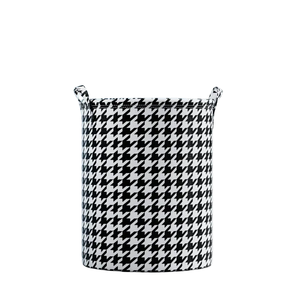 Collapsible canvas laundry basket in black and white houndstooth with reinforced handles for ropa sucia product use