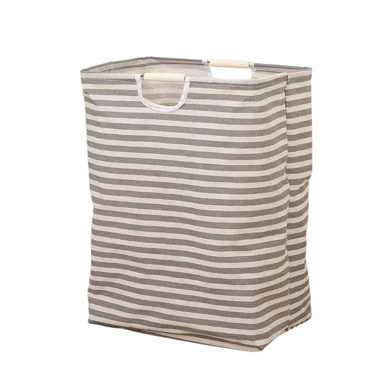 Gray and white striped collapsible canvas laundry basket with wooden handle for ropa sucia product organization