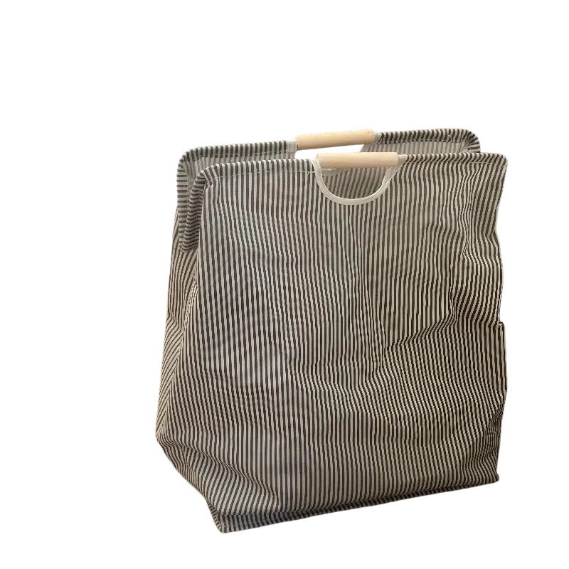 Collapsible canvas ropa sucia laundry basket with striped fabric and wooden handles for easy carrying and storage
