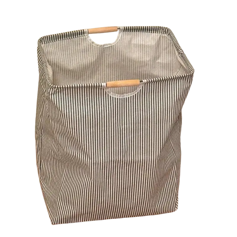 A striped canvas collapsible laundry basket with wooden handles designed for ropa sucia product storage and organization