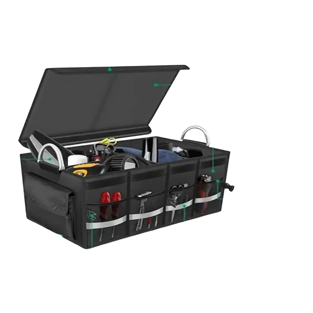 Black collapsible car trunk organizer with lid made of 1680d waterproof oxford cloth and aluminum alloy handle