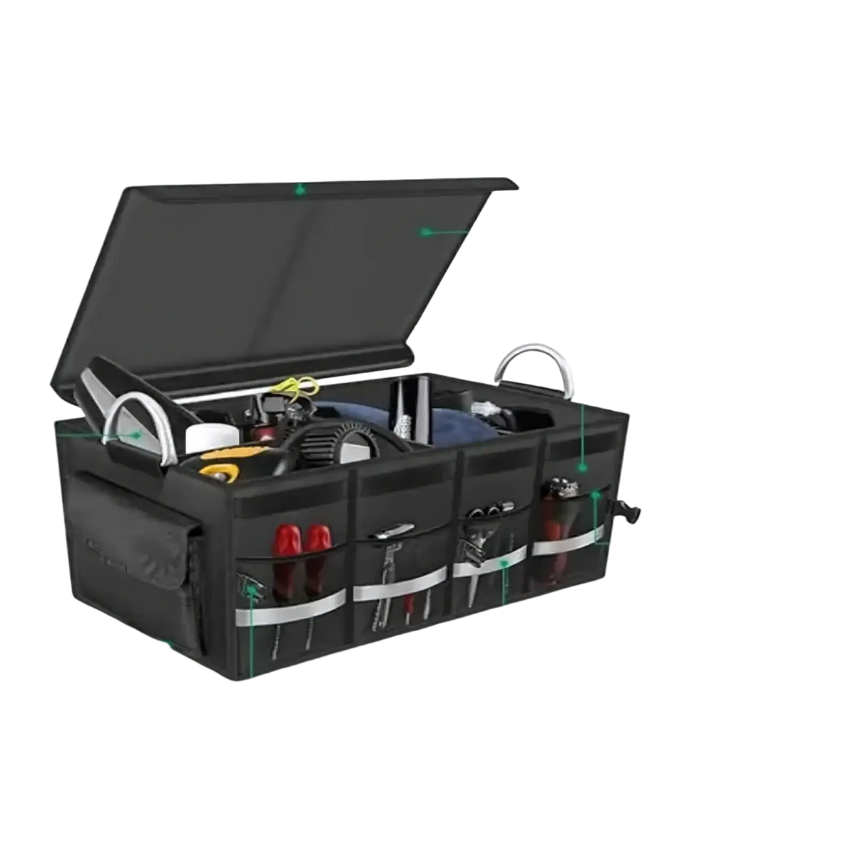 Black collapsible car trunk organizer with lid made of 1680d waterproof oxford cloth and aluminum alloy handle