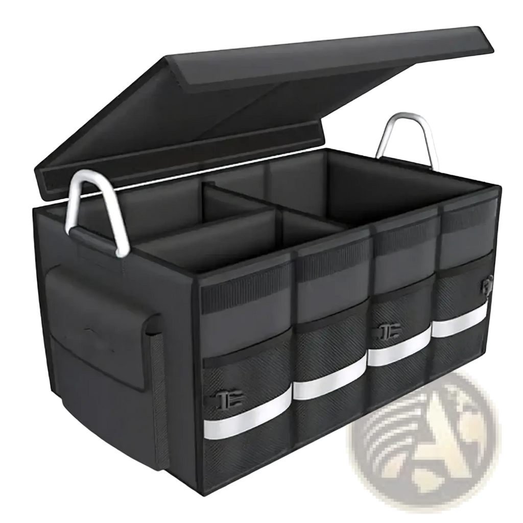 Black fabric collapsible car trunk organizer with lid featuring white handles and reflective stripes for easy visibility