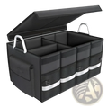 Black fabric collapsible car trunk organizer with lid featuring white handles and reflective stripes for easy visibility