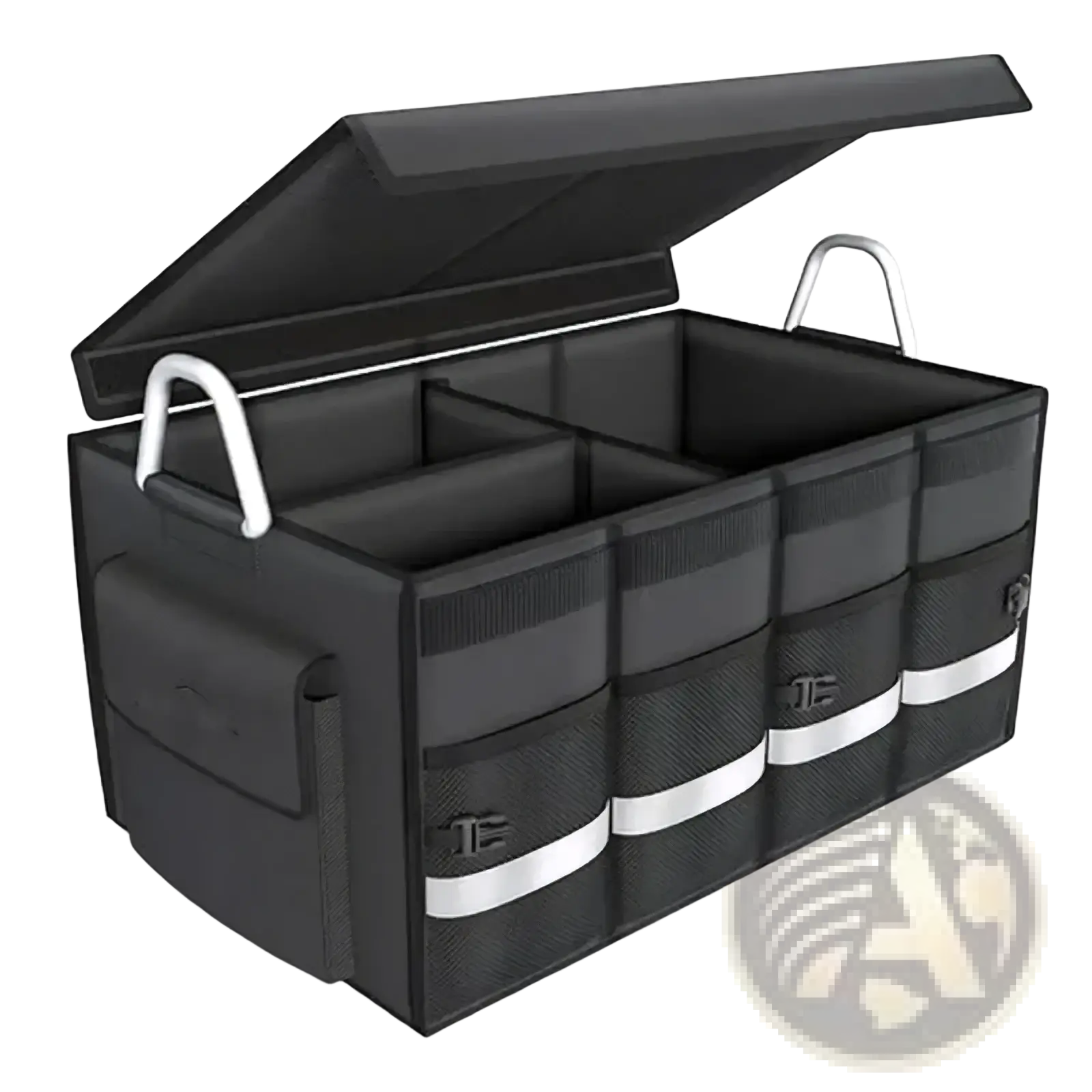 Black fabric collapsible car trunk organizer with lid featuring white handles and reflective stripes for easy visibility