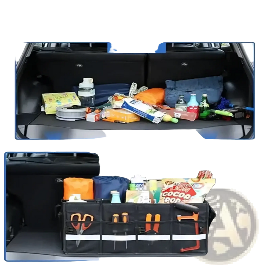 Black fabric collapsible car trunk organizer with lid featuring multiple compartments and tool pockets for storage