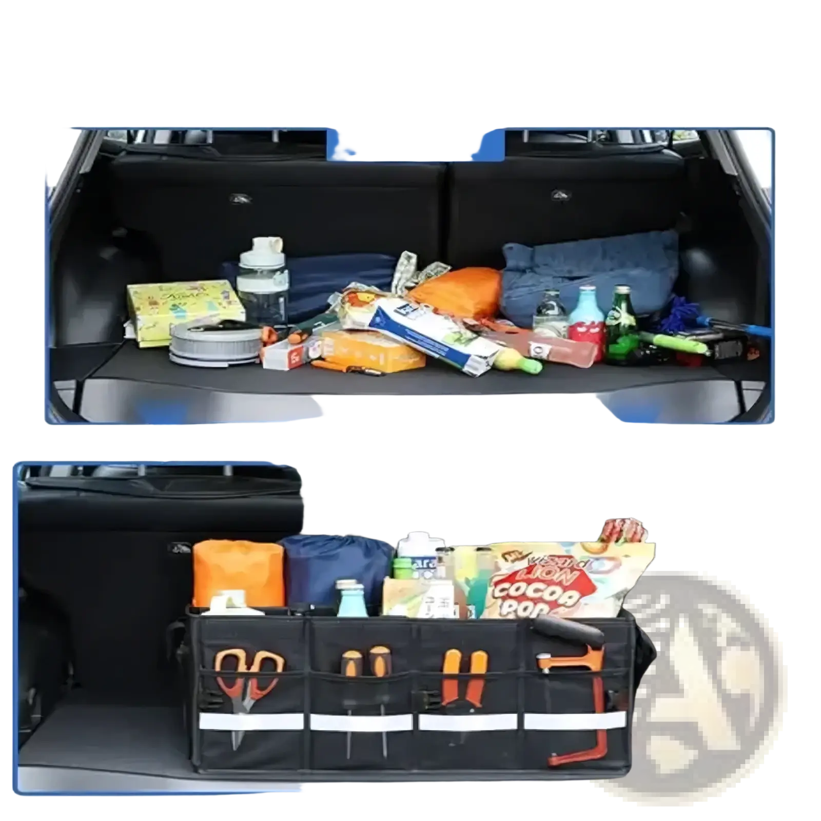 Black fabric collapsible car trunk organizer with lid featuring multiple compartments and tool pockets for storage