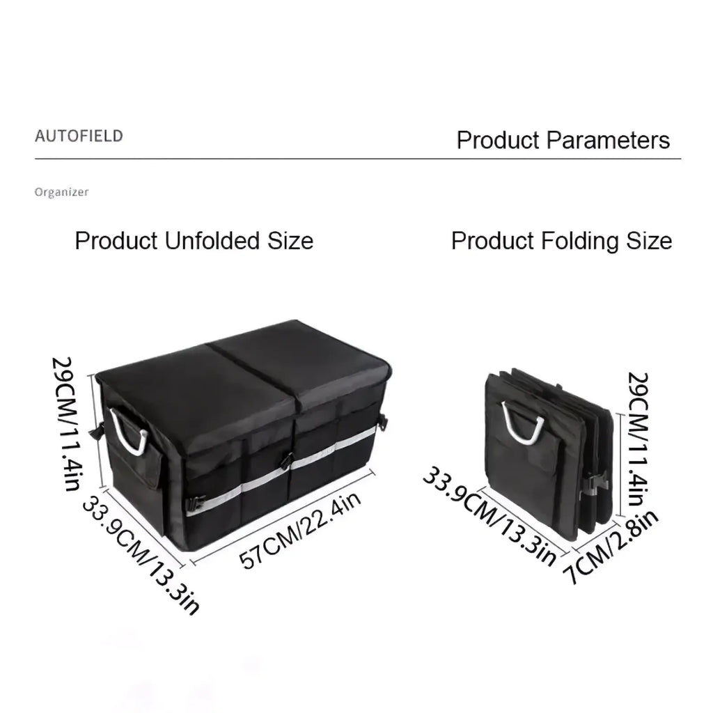Collapsible black fabric car trunk organizer with lid featuring silver zipper pulls and handles for easy transport