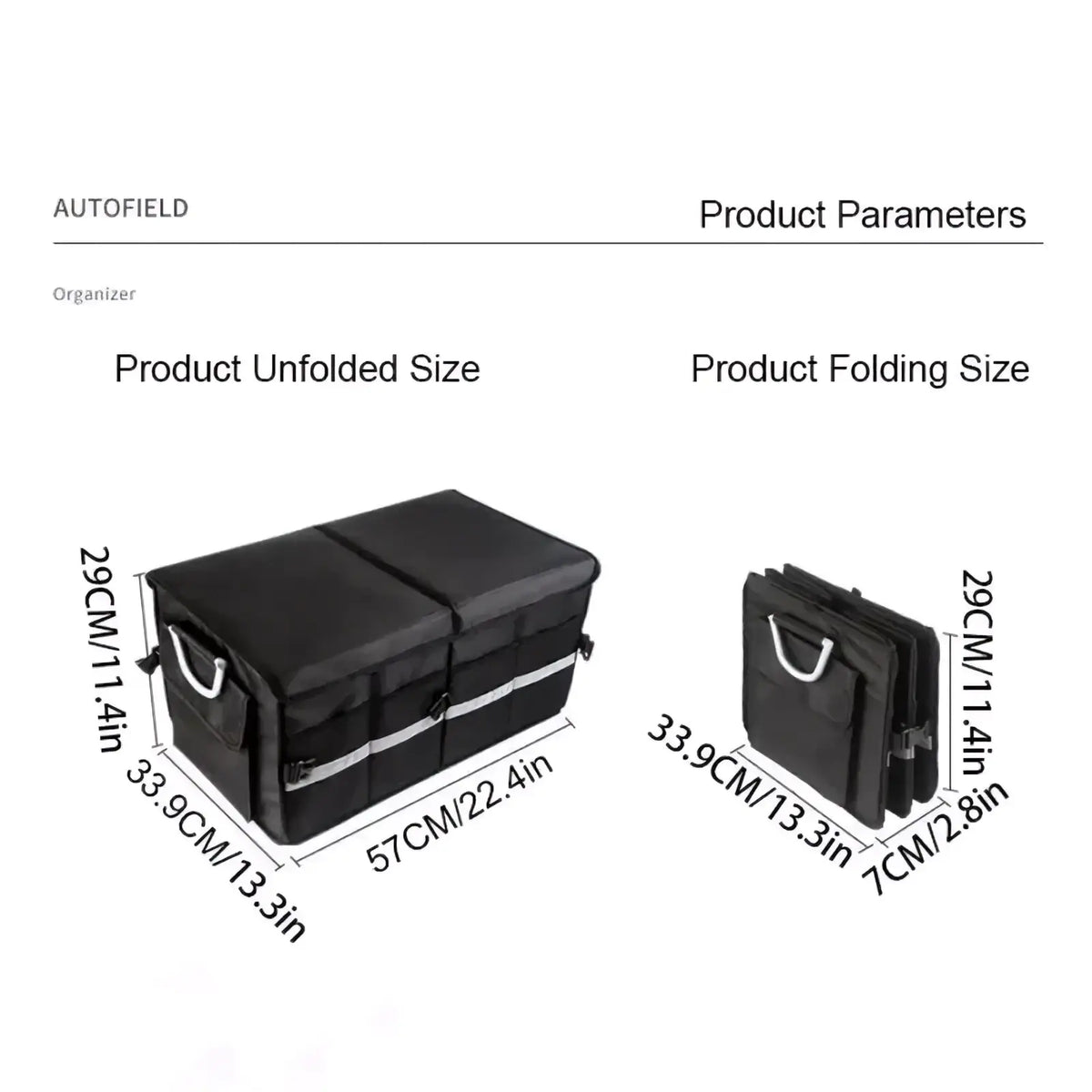 Collapsible black fabric car trunk organizer with lid featuring silver zipper pulls and handles for easy transport