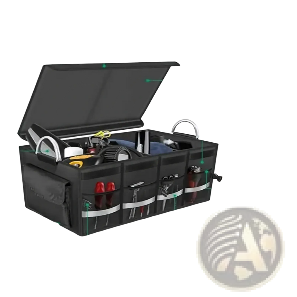 Black collapsible car trunk organizer with lid made of 1680d waterproof oxford cloth and aluminum alloy handle