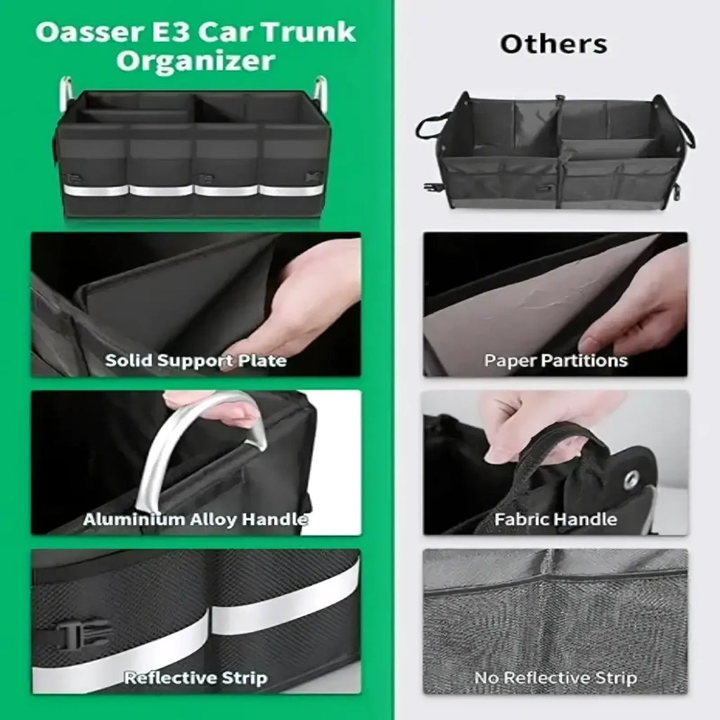Black oasser e3 collapsible car trunk organizer with lid featuring solid support plate aluminum alloy handle and reflective strip