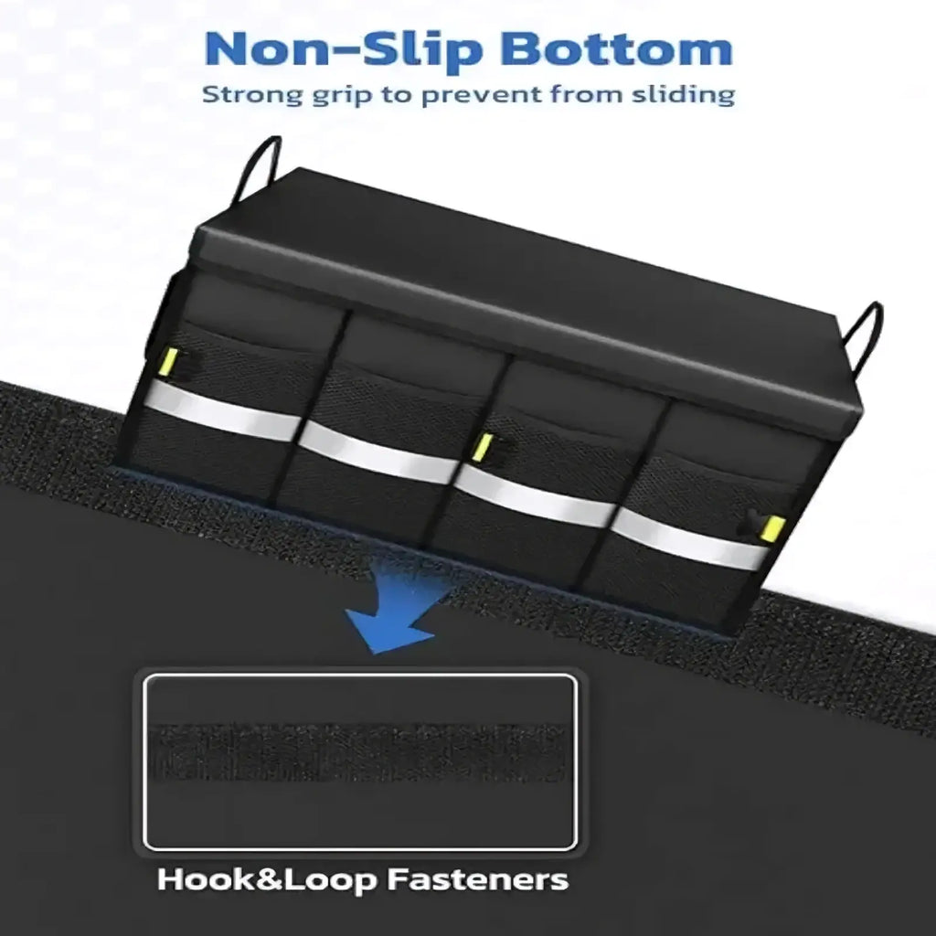 Black collapsible car trunk organizer with three compartments, white reflective strips, and yellow hook-and-loop fasteners