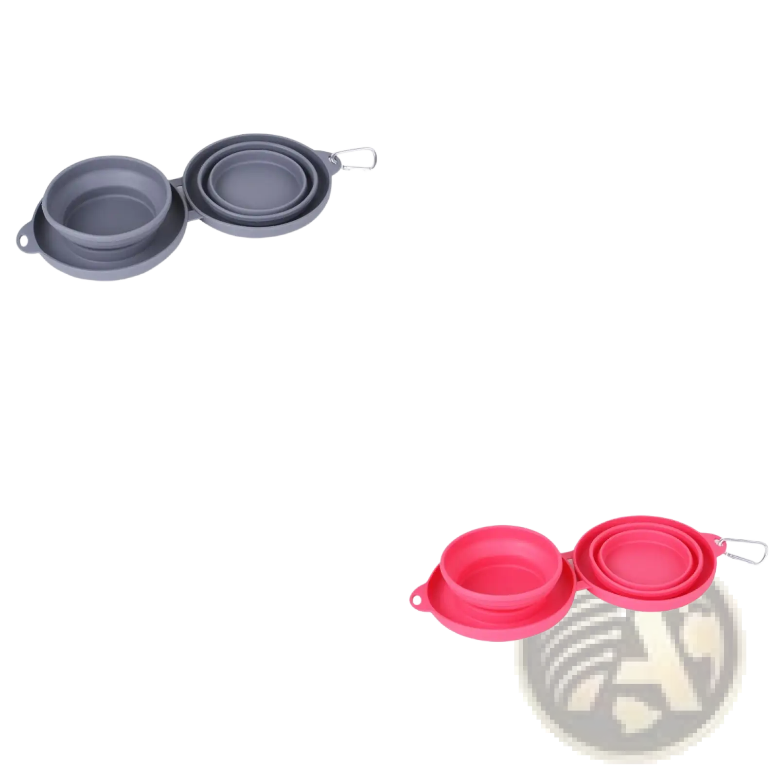 Gray and pink collapsible silicone dog bowls with carabiner clips double travel set for pet feeding on the go