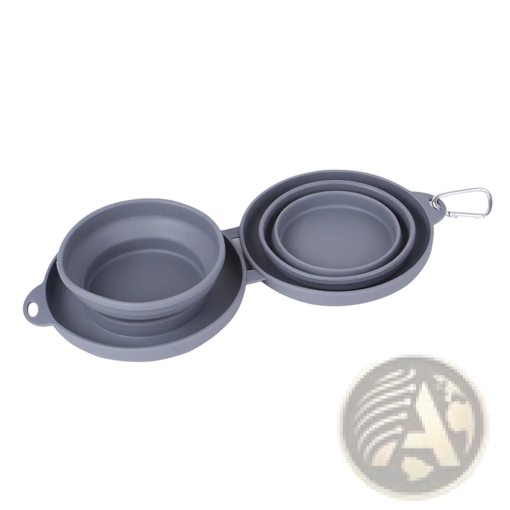 Gray collapsible silicone dog bowl double travel set with carabiner clip for portable pet feeding