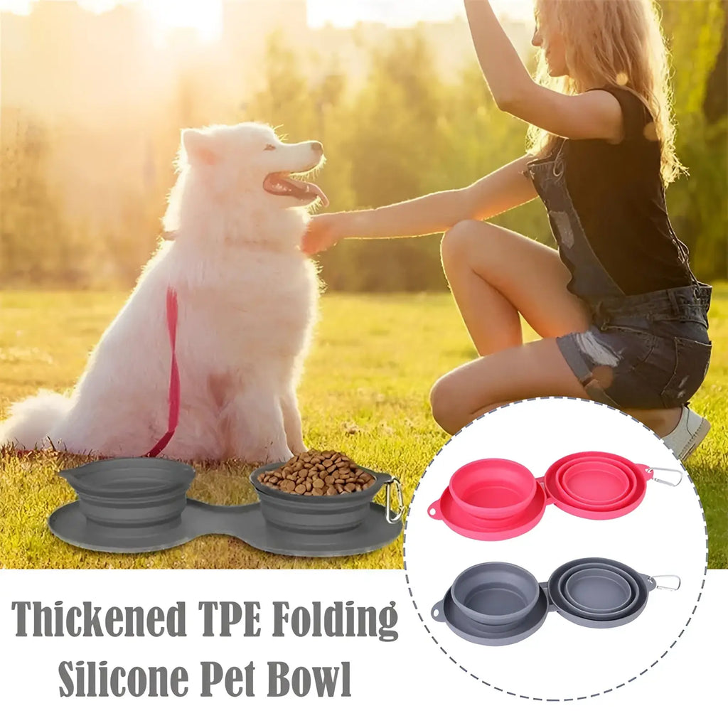 Gray silicone collapsible dog bowl with foldable design and two compartments for food and water travel set
