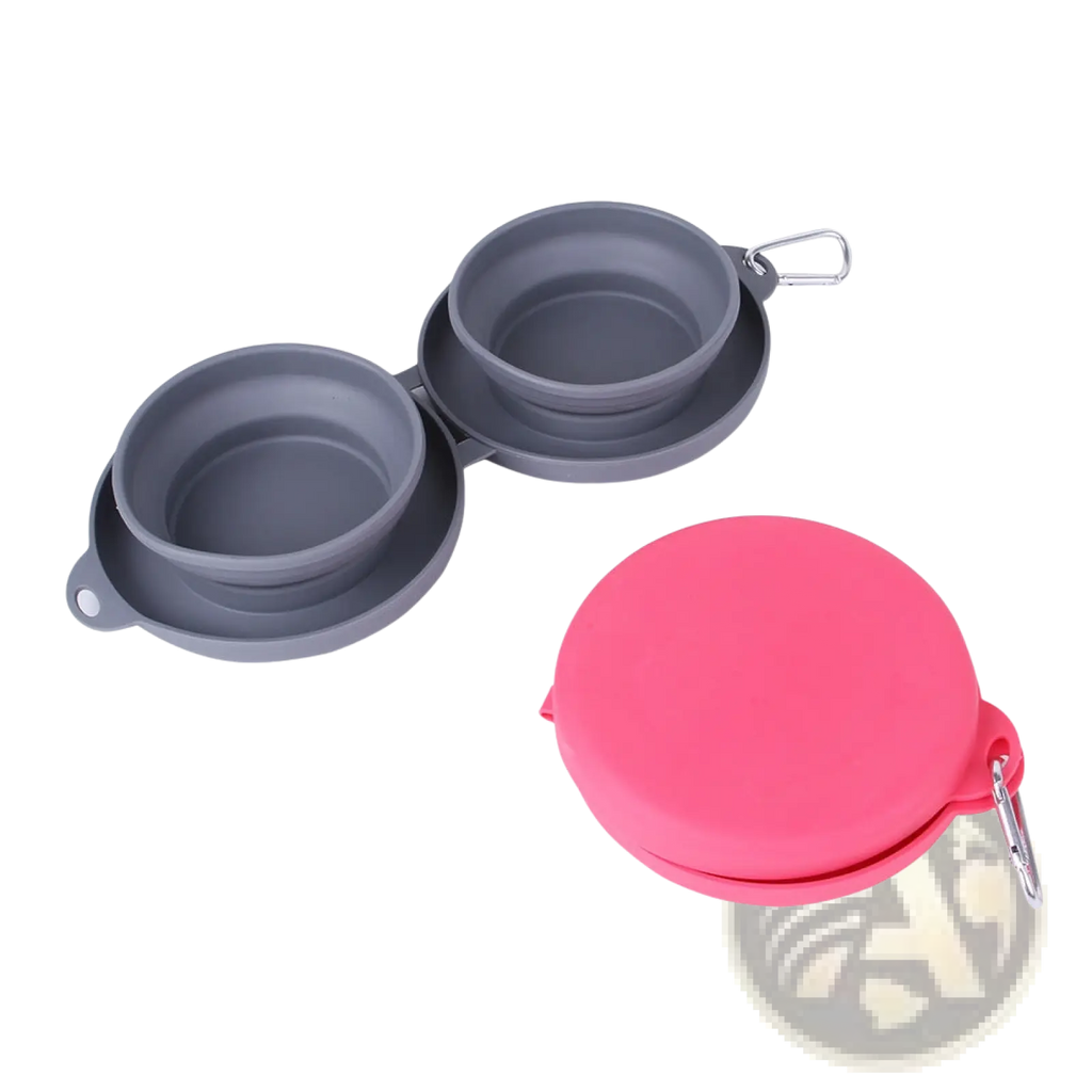 Gray silicone collapsible dog bowl set with pink carrying case for travel and outdoor use