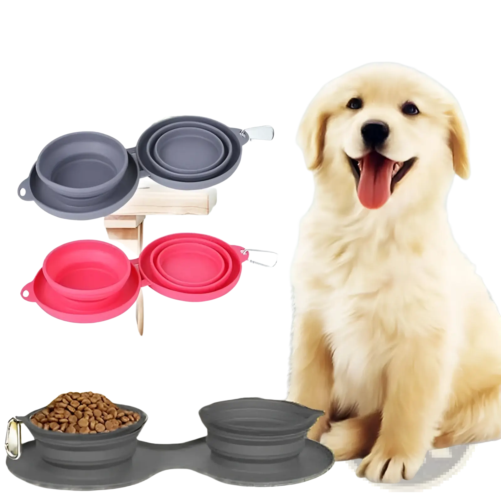 Collapsible dog bowl double silicone travel set with gray and pink bowls and metal carabiner clips for easy carrying