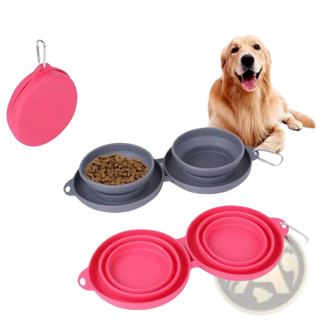 Collapsible dog bowl double silicone travel set with pink and gray collapsible bowls and carabiner clips for outdoor use