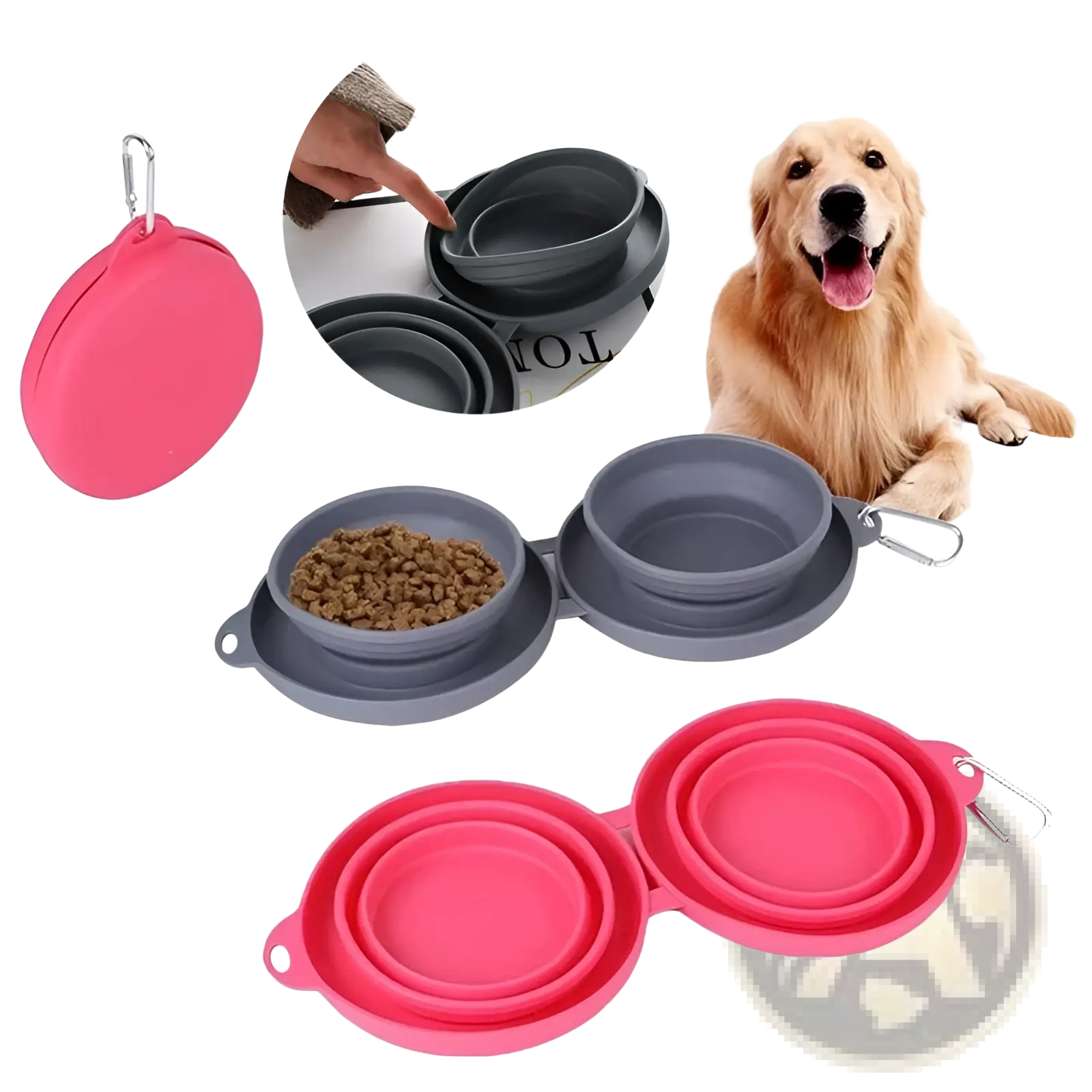 Collapsible dog bowl double silicone travel set with pink and gray bowls and carabiner clips for pet use