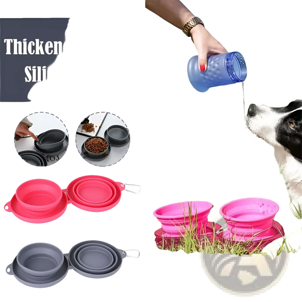 Pink and gray thickened tpe folding silicone pet bowls with carabiner clips collapsible dog bowl travel set