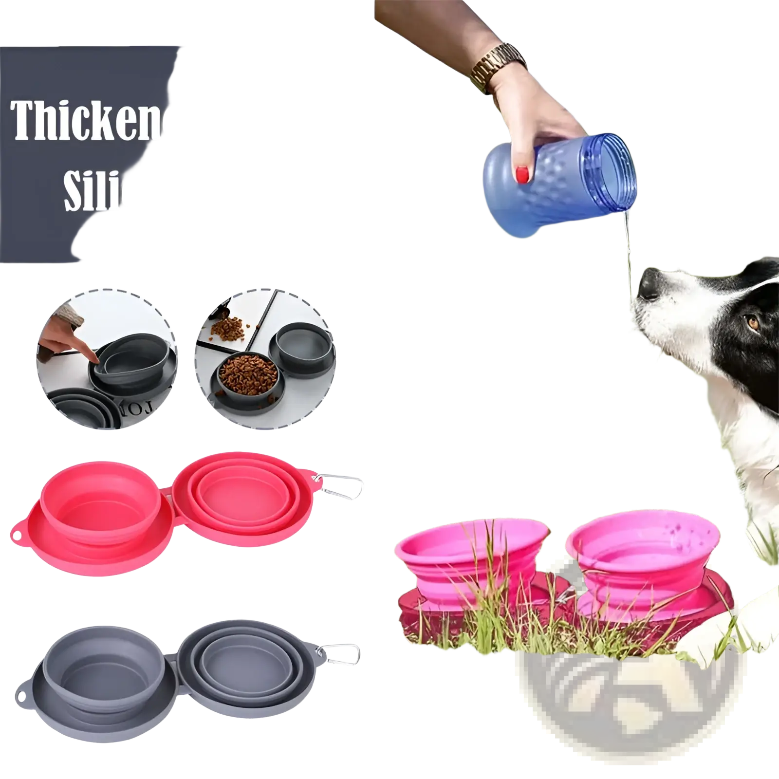 Pink and gray thickened tpe folding silicone pet bowls with carabiner clips collapsible dog bowl travel set