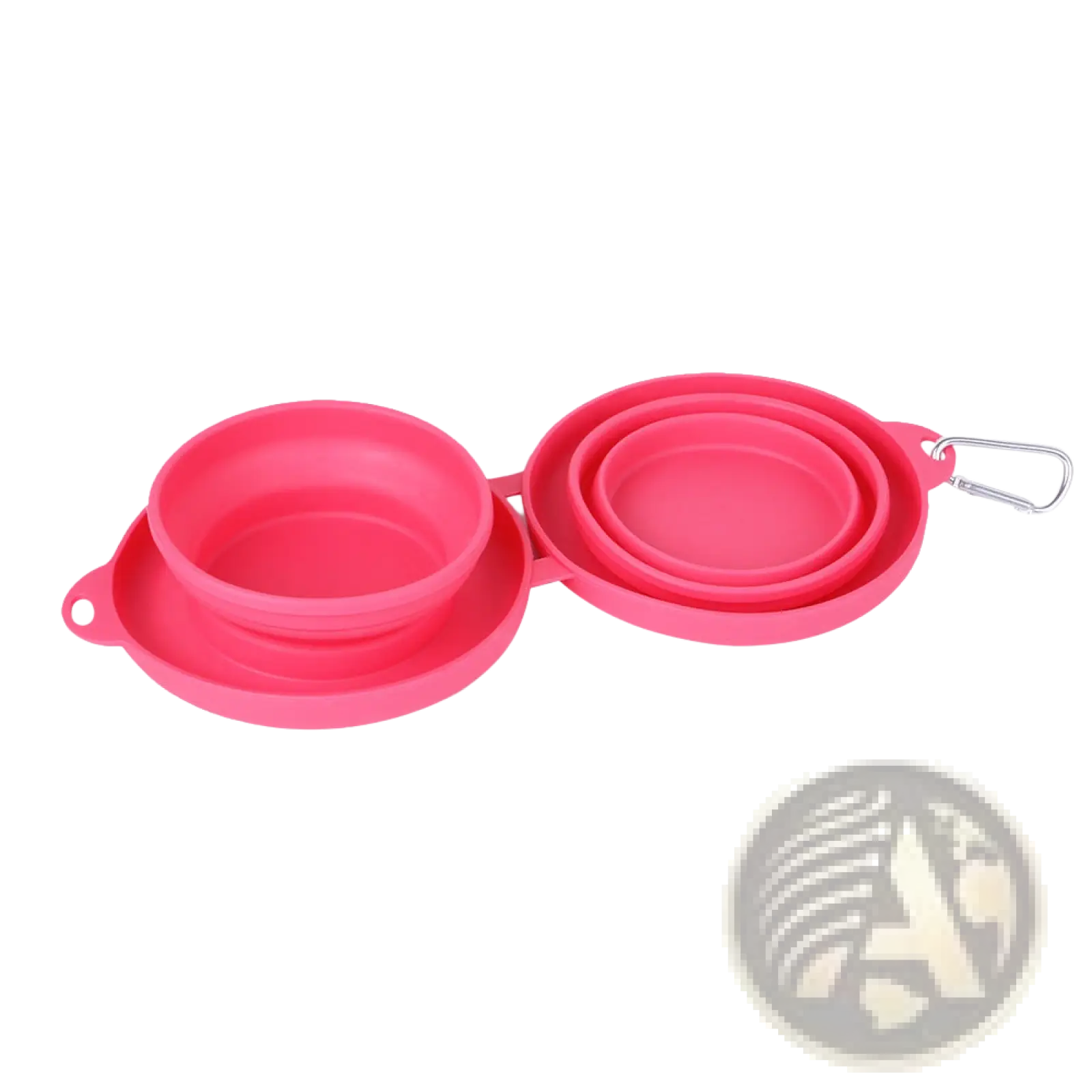 Pink collapsible silicone dog bowl double travel set with carabiner clip for convenient pet feeding on the go