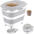 Gray and white collapsible dog food storage container with transparent lid and built-in wheels for easy mobility