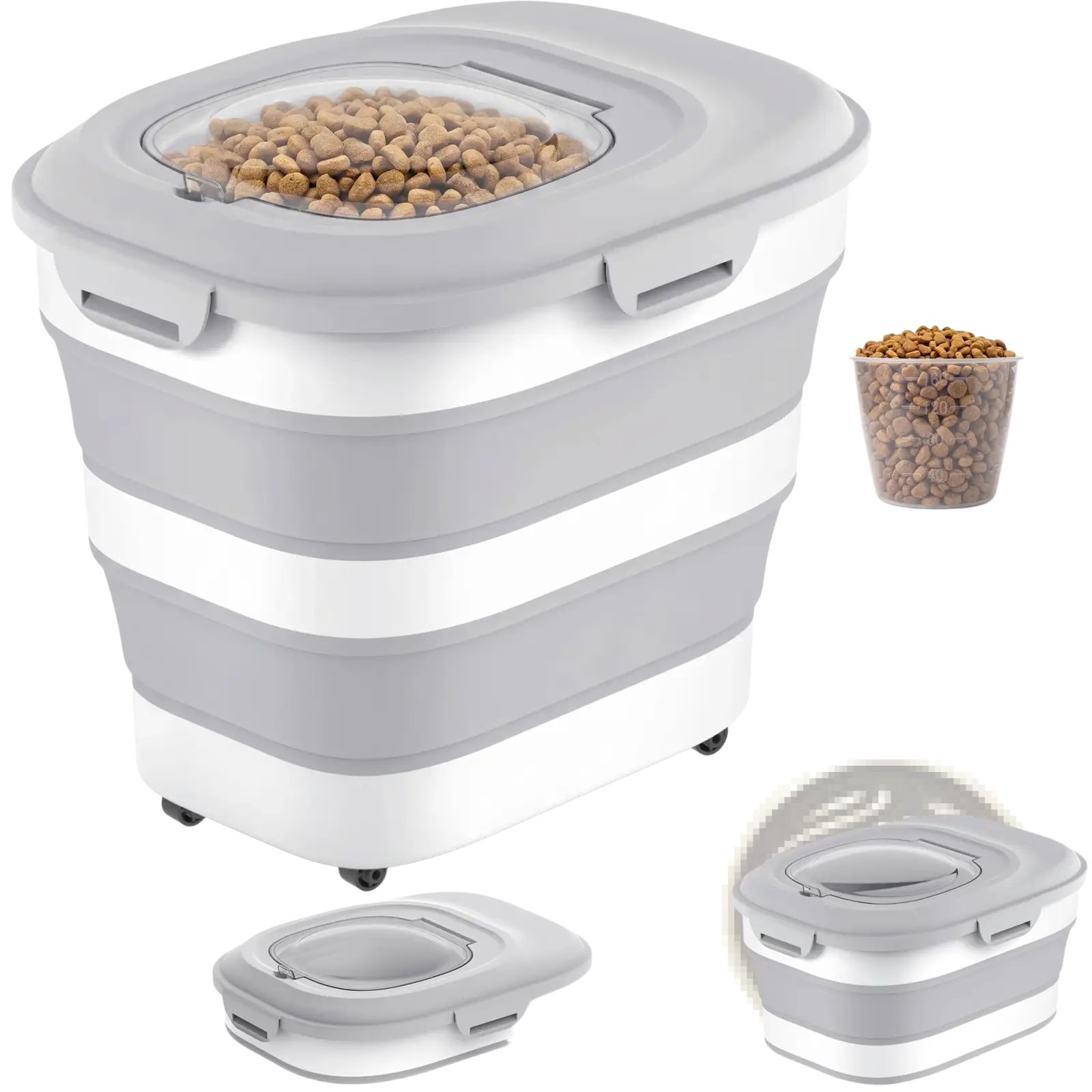 Gray and white collapsible dog food storage container with transparent lid and built-in wheels for easy mobility