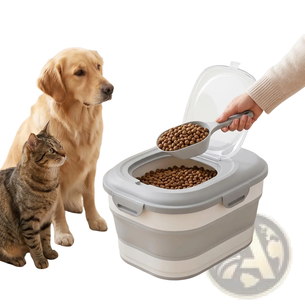 Gray and white collapsible dog food storage container with clear lid and wheels for easy mobility and space saving