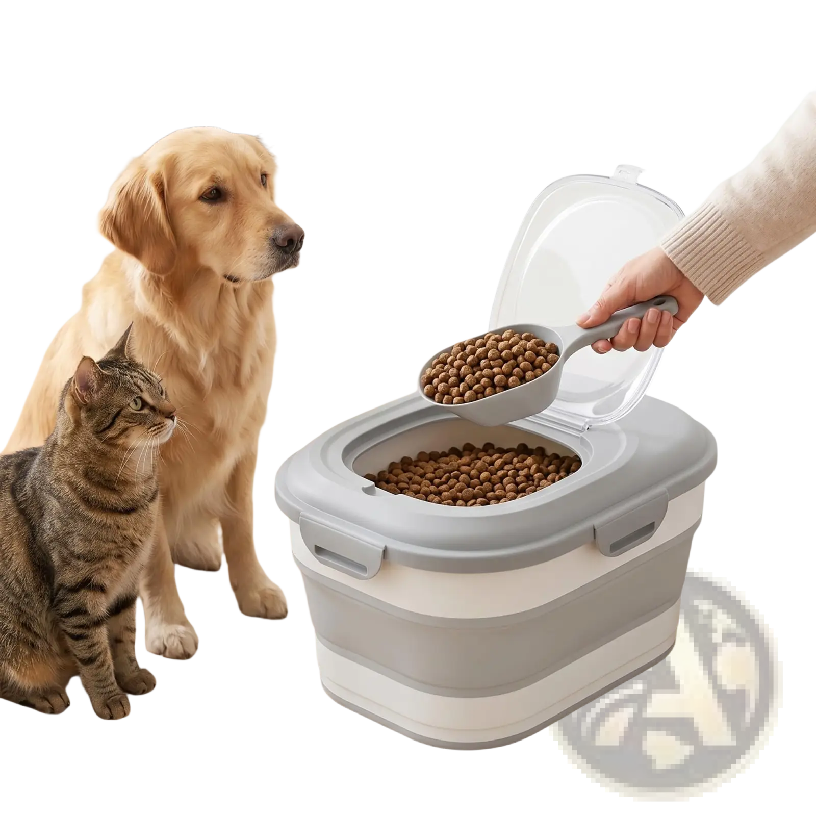 Gray and white collapsible dog food storage container with clear lid and wheels for easy mobility and space saving