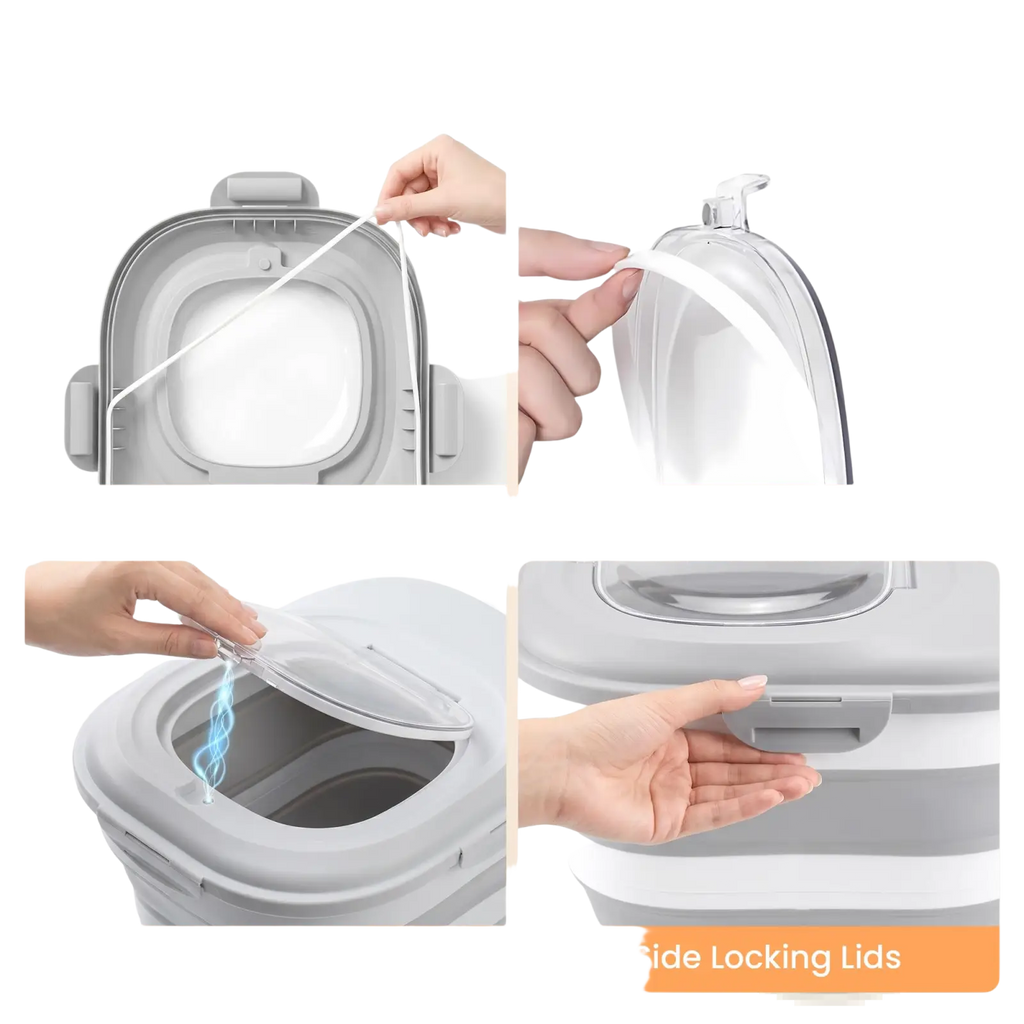 Gray and white collapsible dog food storage container with airtight sealing and wheels for easy mobility