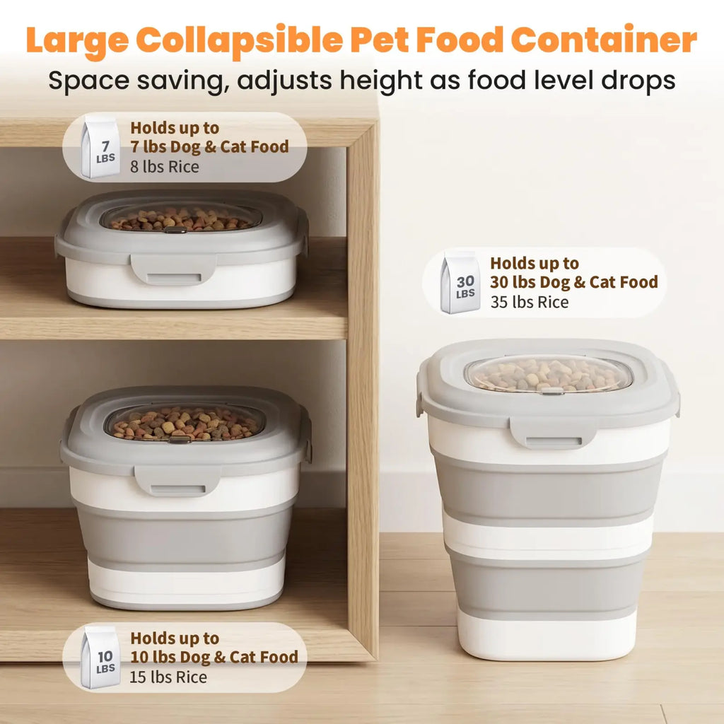 Gray and white collapsible dog food storage container with wheels and clear lid for convenient pet food storage