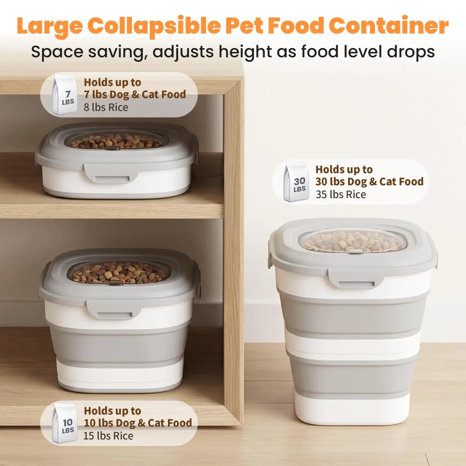 Gray and white collapsible dog food storage container with wheels and clear lid for convenient pet food storage