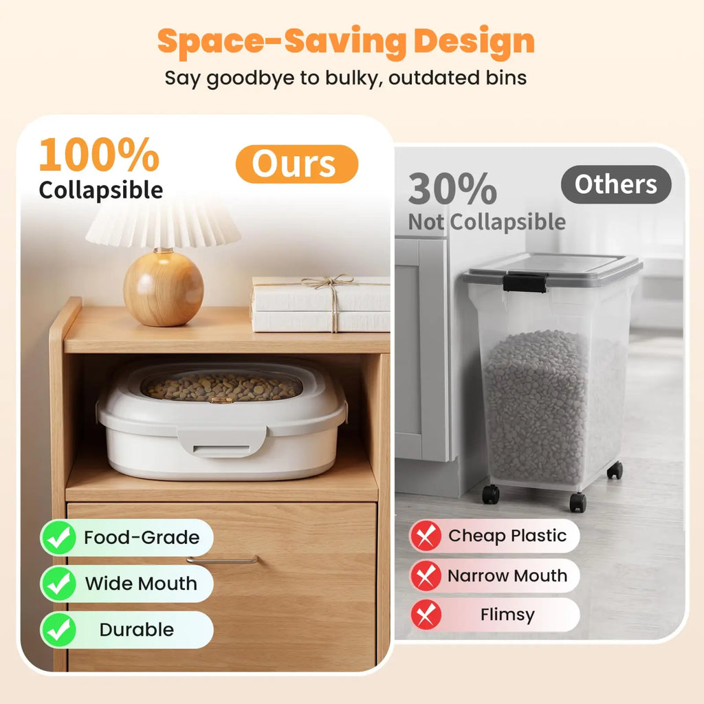 White collapsible food-grade dog food storage container with wide mouth and durable design on wheels