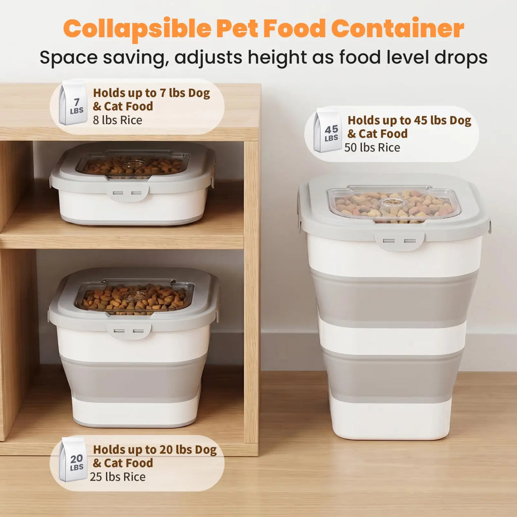 Collapsible dog food storage container with wheels in white and gray featuring a clear lid and adjustable height design