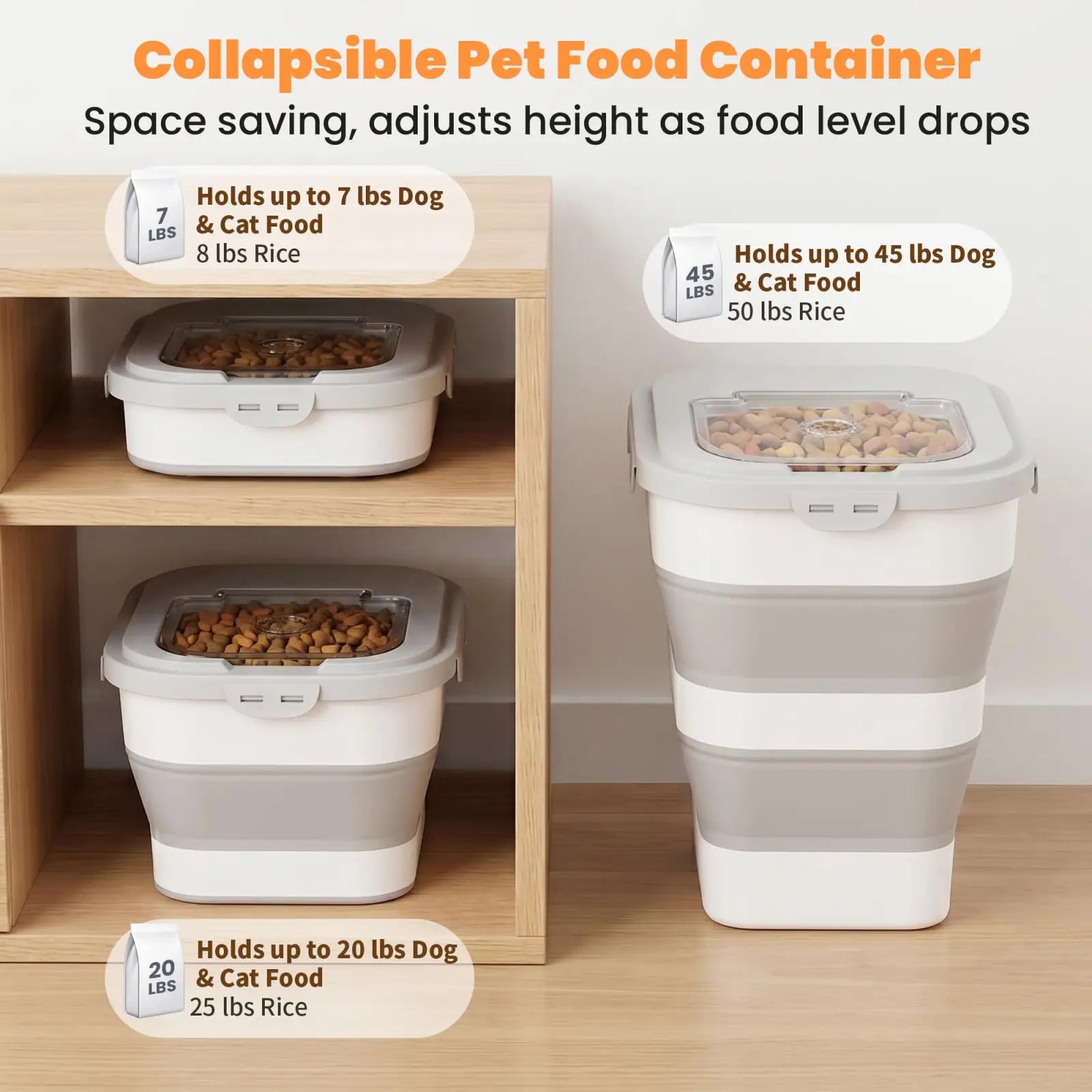 Collapsible dog food storage container with wheels in white and gray featuring a clear lid and adjustable height design