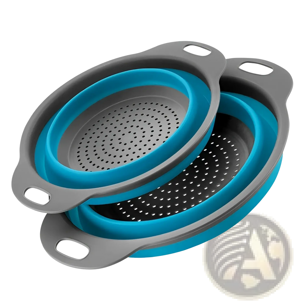 Set of two collapsible silicone colanders with gray and bright blue accents for efficient liquid draining