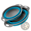 Set of two collapsible silicone colanders with gray and bright blue accents for efficient liquid draining