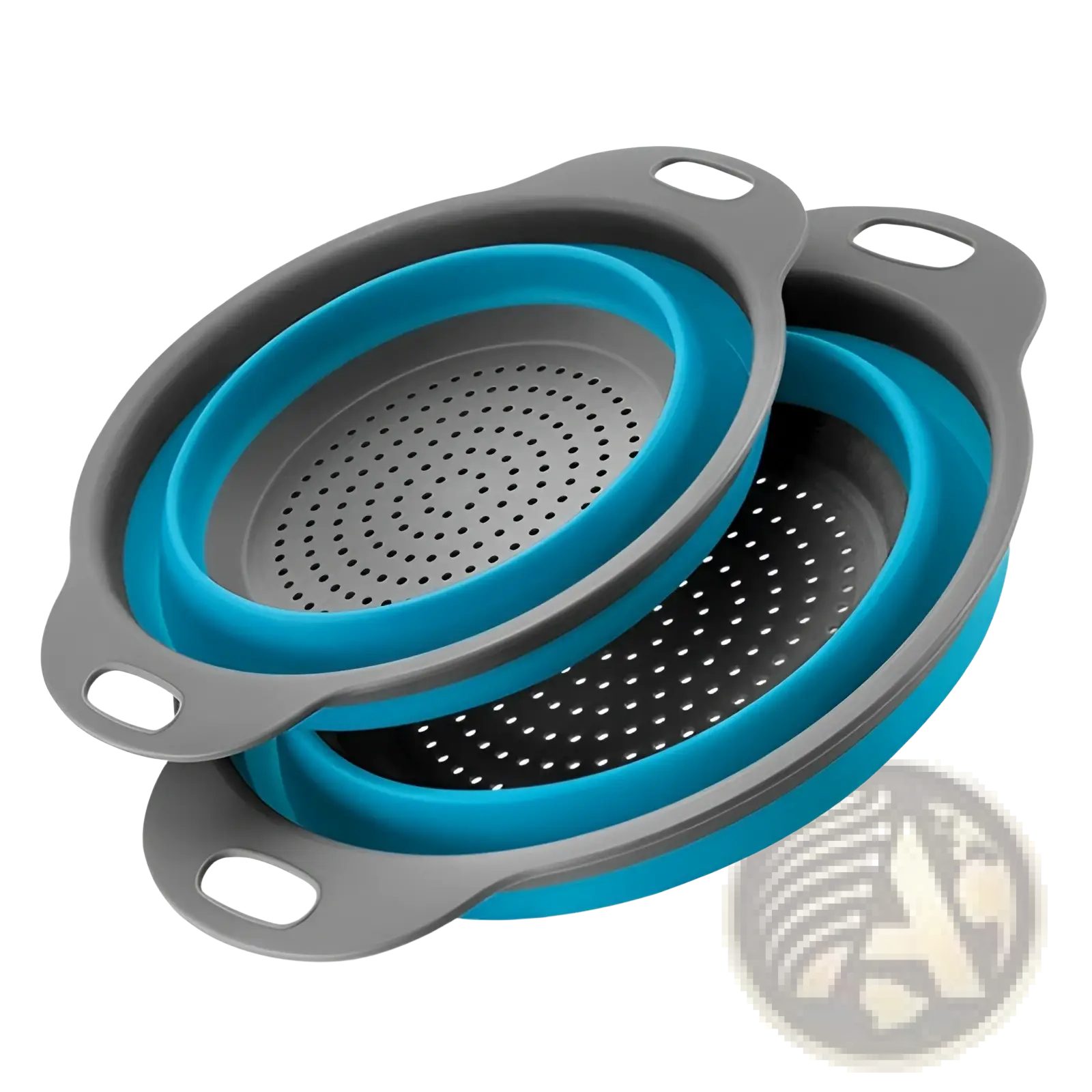Set of two collapsible silicone colanders with gray and bright blue accents for efficient liquid draining
