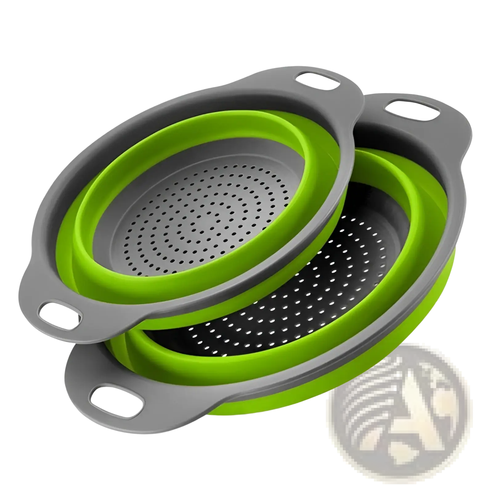 Set of two collapsible silicone colanders with gray and lime green accents and perforated interior for draining liquids