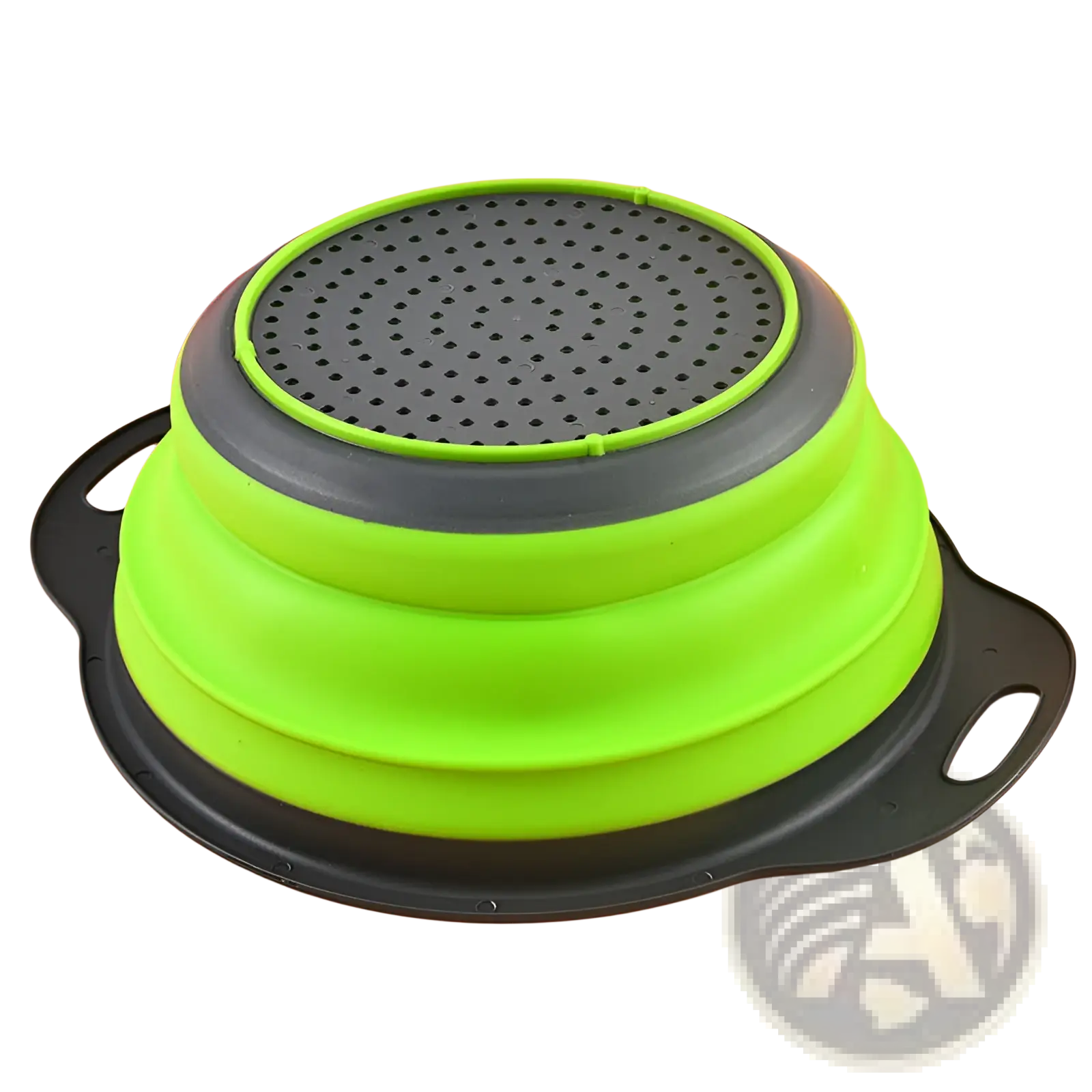 Bright green and black collapsible silicone colander with perforated top for efficient draining in a drain basket set