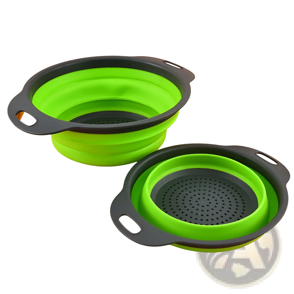 Bright green and black collapsible silicone colander with perforated base for draining in a colander set drain basket