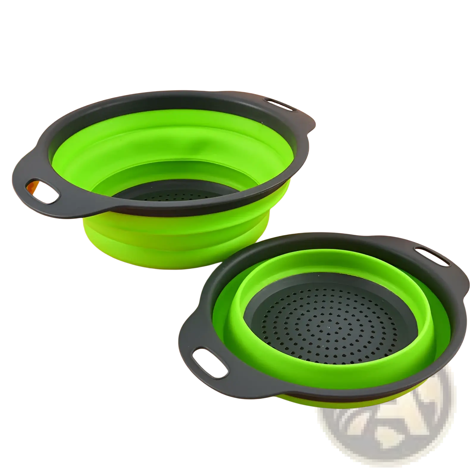 Bright green and black collapsible silicone colander with perforated base for draining in a colander set drain basket
